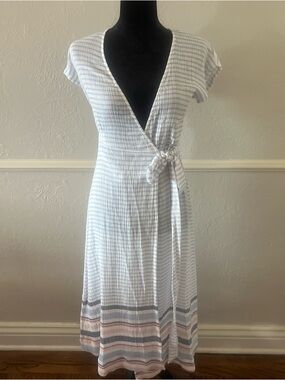 Marine Layer Striped Midi Wrap Dress in White, Pale Blue and Pink